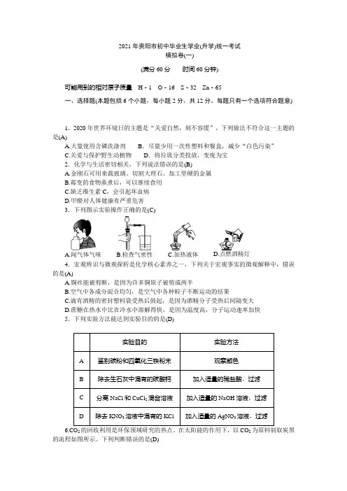 2021年贵州省贵阳市初中毕业生学业(升学)统一考试 化学模拟卷(一)