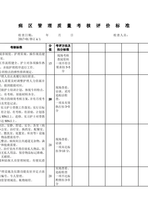 病区管理质量考核评价标准