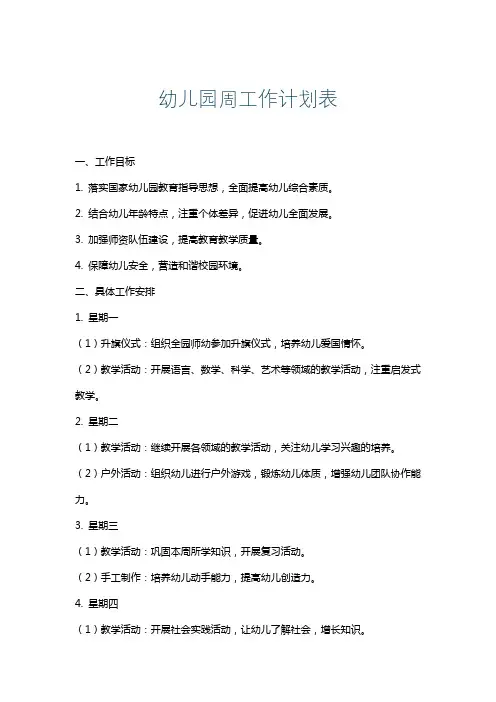 幼儿园周工作计划表