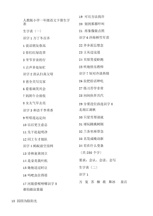 人教版小学一年级语文下册生字表