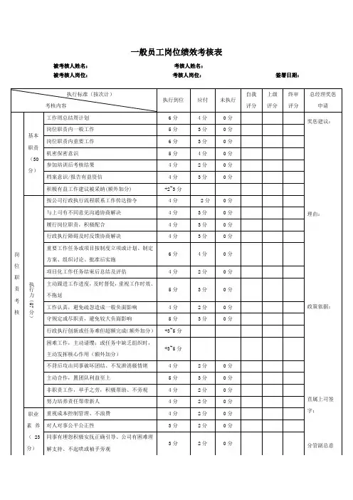 一般员工岗位绩效考核表