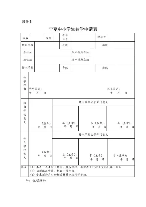 宁夏中小学生转学申请表(转全国学籍用)