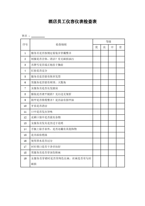 酒店员工仪容仪表检查表