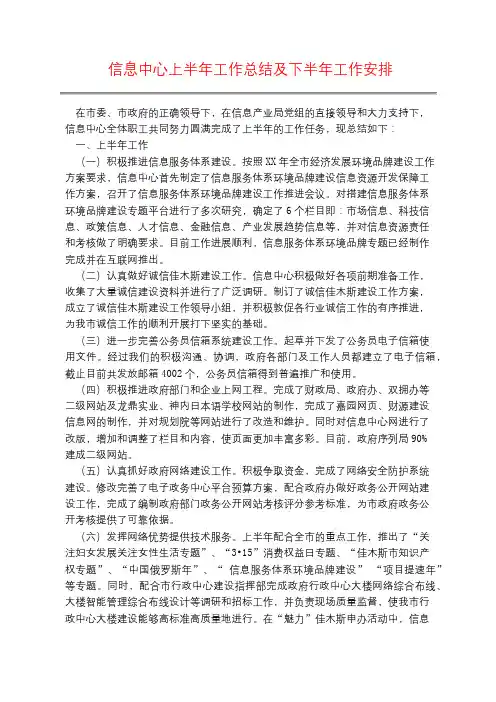 信息中心上半年工作总结及下半年工作安排