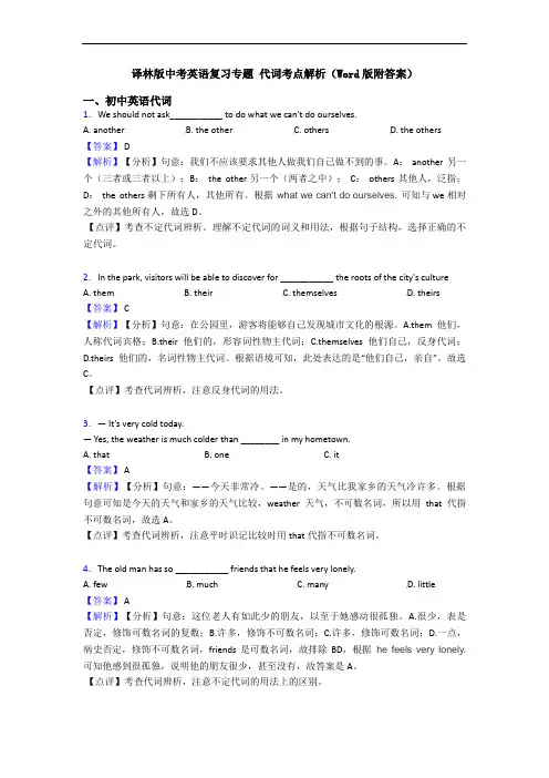译林版中考英语复习专题 代词考点解析(Word版附答案)