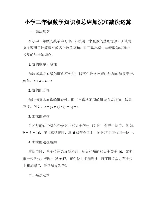 小学二年级数学知识点总结加法和减法运算