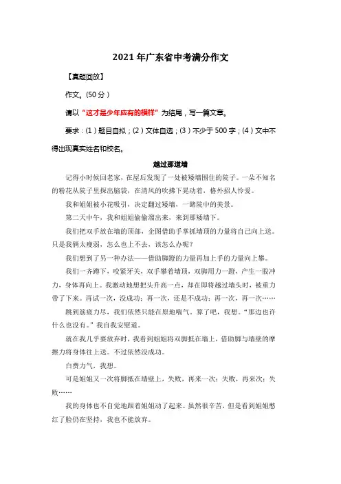 2021年广东省中考满分作文《越过那道墙》