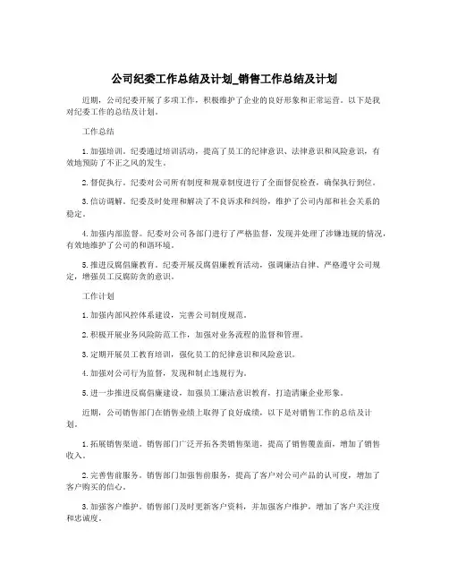 公司纪委工作总结及计划_销售工作总结及计划