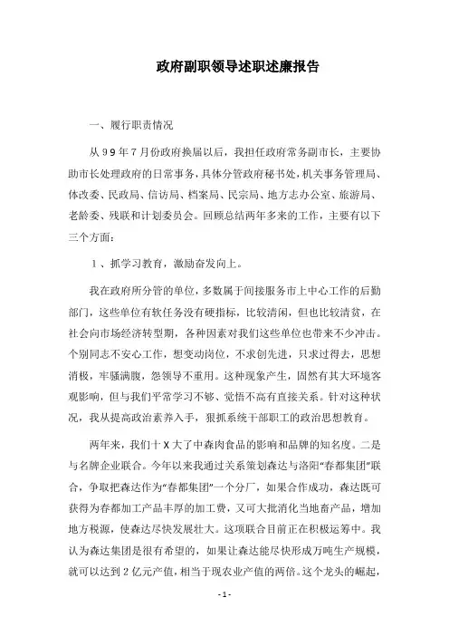 2019政府副职领导述职述廉报告