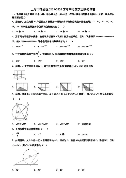 上海市杨浦区2019-2020学年中考数学三模考试卷含解析