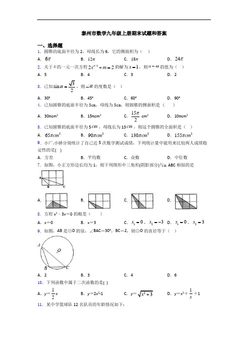 泰州市数学九年级上册期末试题和答案