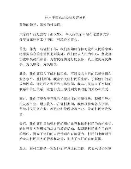 驻村干部总结经验发言材料