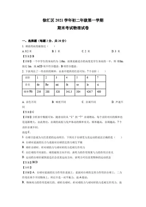 上海市徐汇区2021-2022学年八年级上学期期末考试物理试卷带讲解