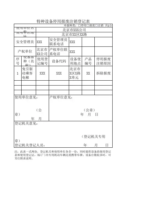 特种设备停用报废注销登记表
