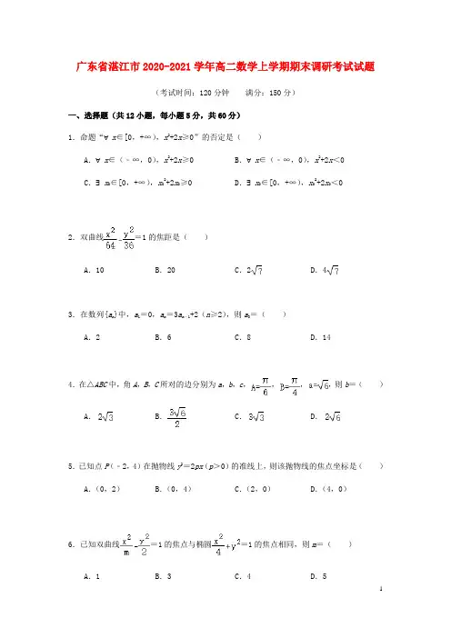 广东省湛江市2020_2021学年高二数学上学期期末调研考试试题