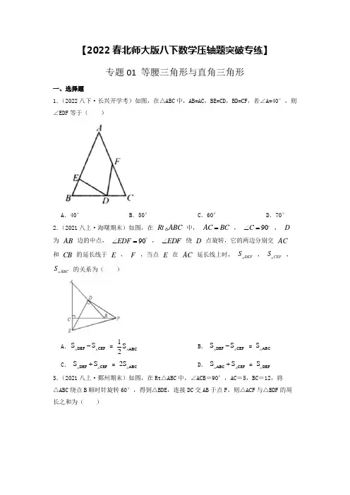 专题01 等腰三角形与直角三角形【2022春北师大版八下数学压轴题突破专练】(原卷版)