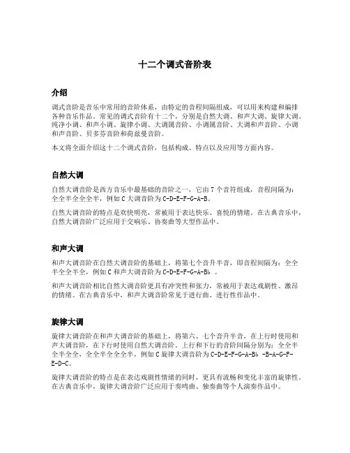 十二个调式音阶表