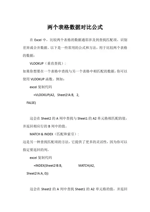 两个表格数据对比公式