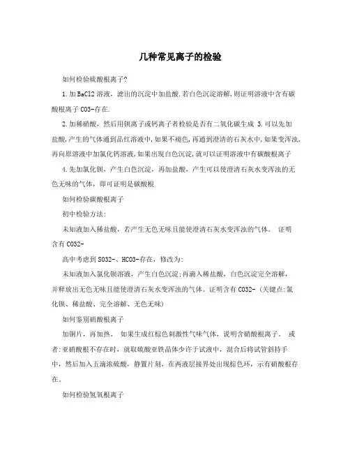 几种常见离子的检验