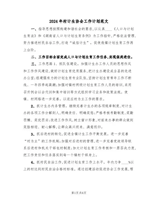 2024年村计生协会工作计划范文(二篇)