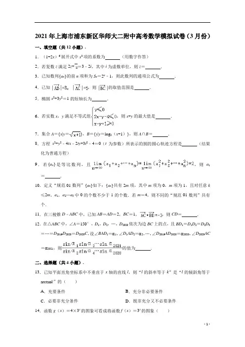 上海市浦东新区华东师范大学第二附属中学2021届高三高考数学模拟试卷(2021.03) 含解析