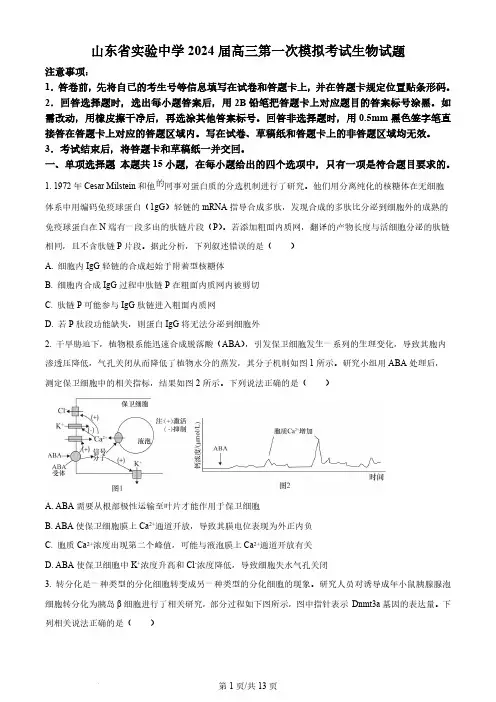 2024届山东省实验中学高三下学期一模生物试题及答案