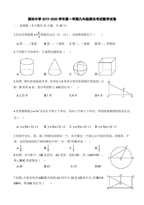 广东省深圳市罗湖区深圳中学2019-2020学年第一学期九年级期末考试数学试卷(word版,含答案)