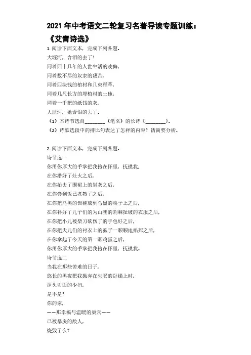 2021年中考语文二轮复习名著导读专题训练 《艾青诗选》【含答案】