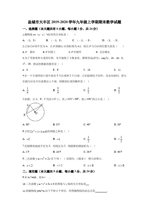 盐城市大丰区2019-2020学年九年级上学期期末数学试题(含答案)