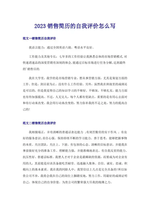 2023销售简历的自我评价怎么写