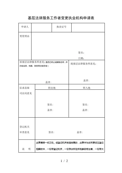 基层法律服务工作者变更执业机构申请表