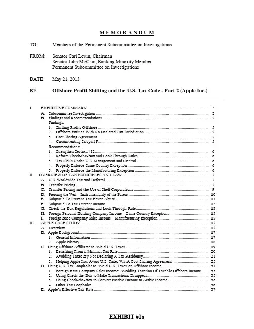 苹果避税调查报告原版 Subcommittee-Memo-on-Offshore-Profit-Shifting-Apple