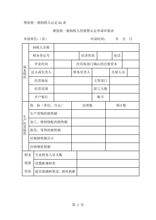 增值税一般纳税人资格暂认定申请审批表(表格模板、doc格式)共20页文档