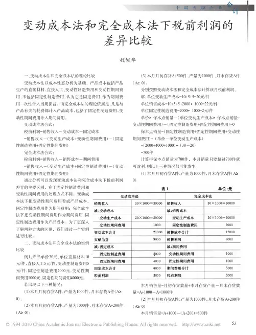 变动成本法和完全成本法下税前利润的差异比较