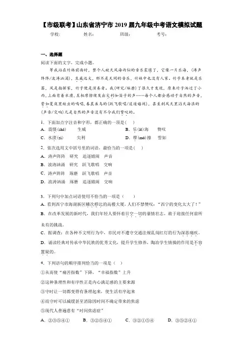 【市级联考】山东省济宁市2019届九年级中考语文模拟试题