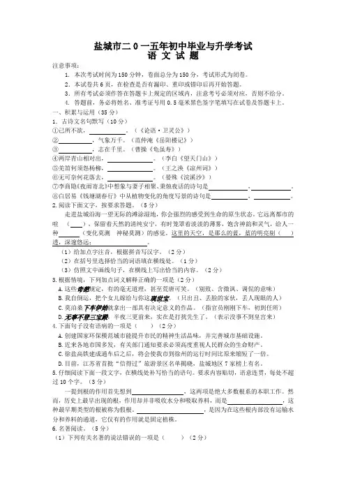 2015年江苏省盐城市中考语文试题及答案