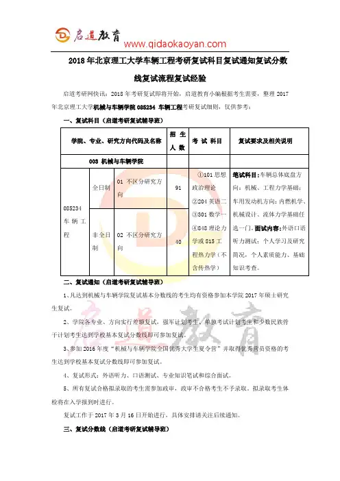 2018年北京理工大学车辆工程考研复试科目复试通知复试分数线复试流程复试经验