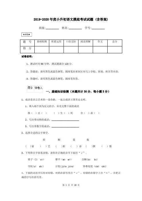 2019-2020年度小升初语文摸底考试试题 (含答案)