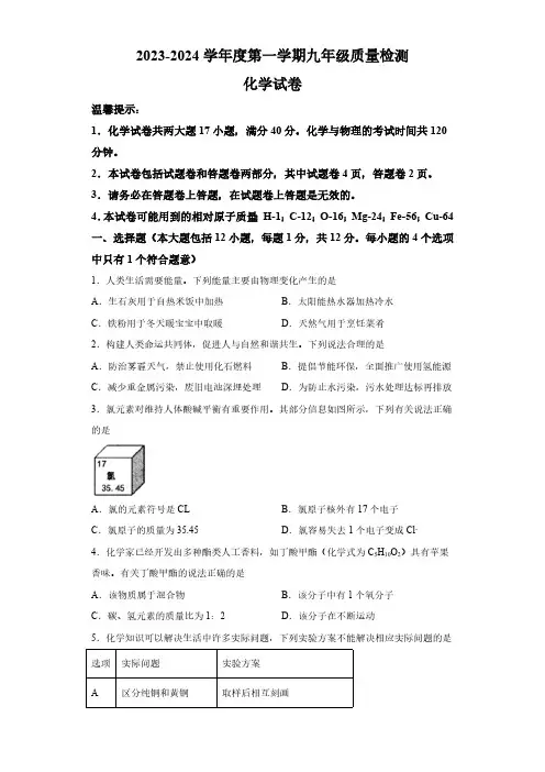 安徽省合肥市庐阳区2023-2024学年九年级上学期期末化学试题(含解析)