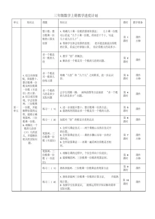 苏教版小学数学三年级上册教学进度计划(新教材)