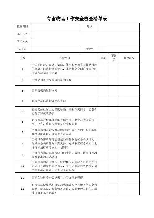 有害物品工作安全检查清单表格模板(可修改)
