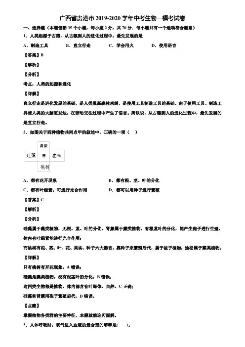 广西省贵港市2019-2020学年中考生物一模考试卷含解析