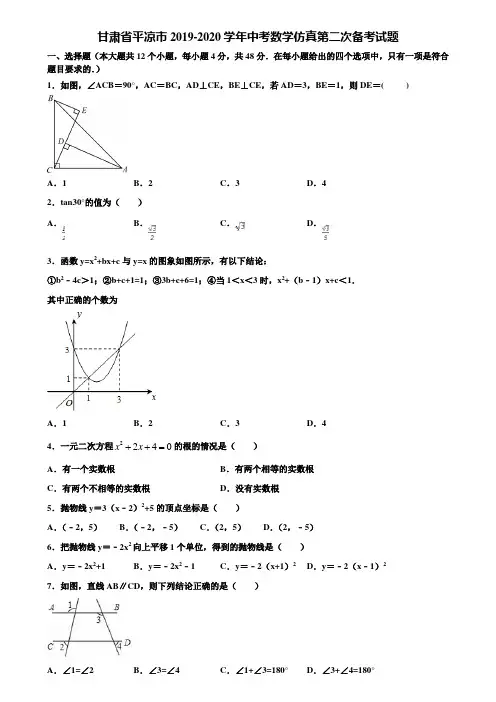甘肃省平凉市2019-2020学年中考数学仿真第二次备考试题含解析