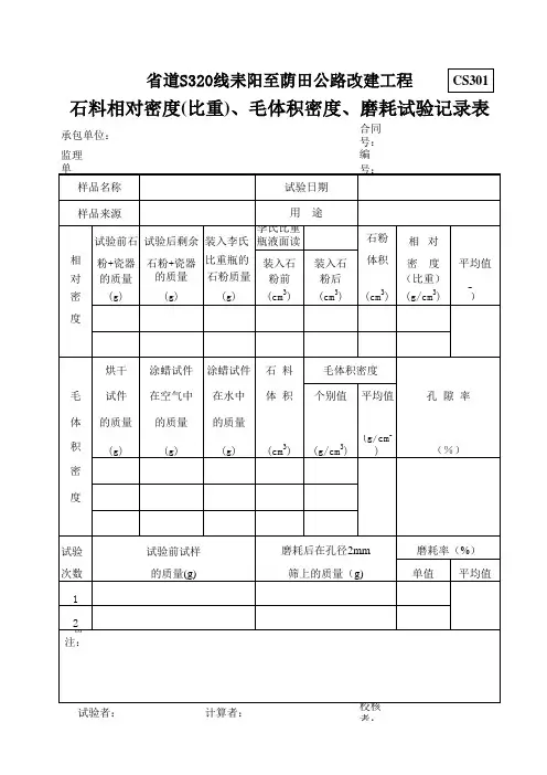 石料相对密度(比重)、毛体积密度、磨耗试验记录表