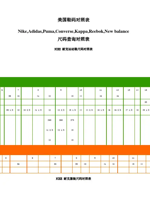 美国鞋码对照表