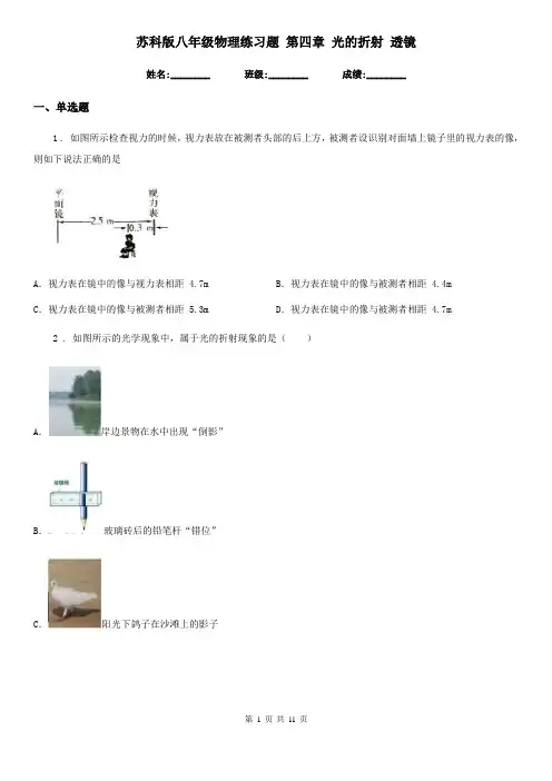 苏科版八年级物理练习题 第四章 光的折射 透镜