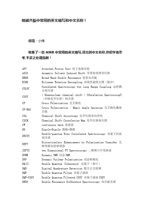 核磁共振中常用的英文缩写和中文名称！