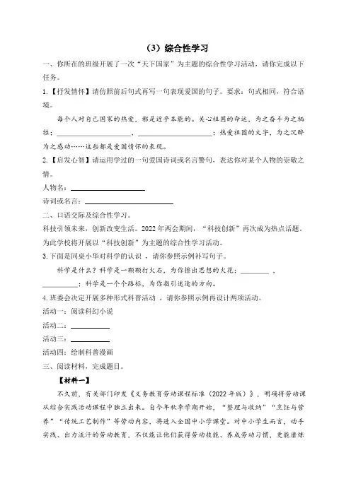 2023年中考语文一轮复习重难点专项训练  (3)综合性学习