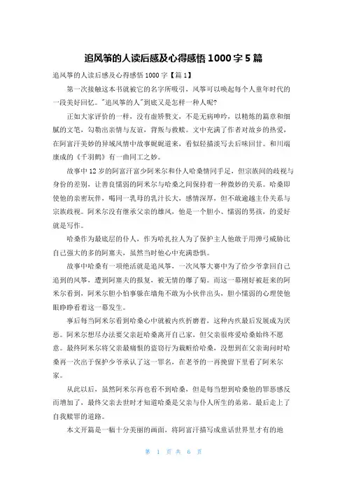 追风筝的人读后感及心得感悟1000字5篇