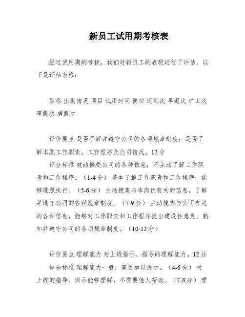 新员工试用期考核表